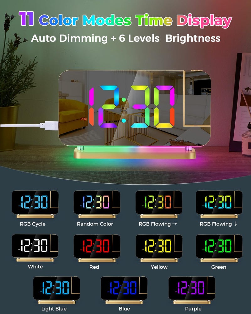 SZELAM Projection Alarm Clock 7.4"" LED Mirror Digital Clocks Large Display with 180 Rotatable Projector RGB Night Light USB C Port Auto Dimmer  Loud Desk Clock for Heavy Sleeper Bedroom - Gold - Image 3